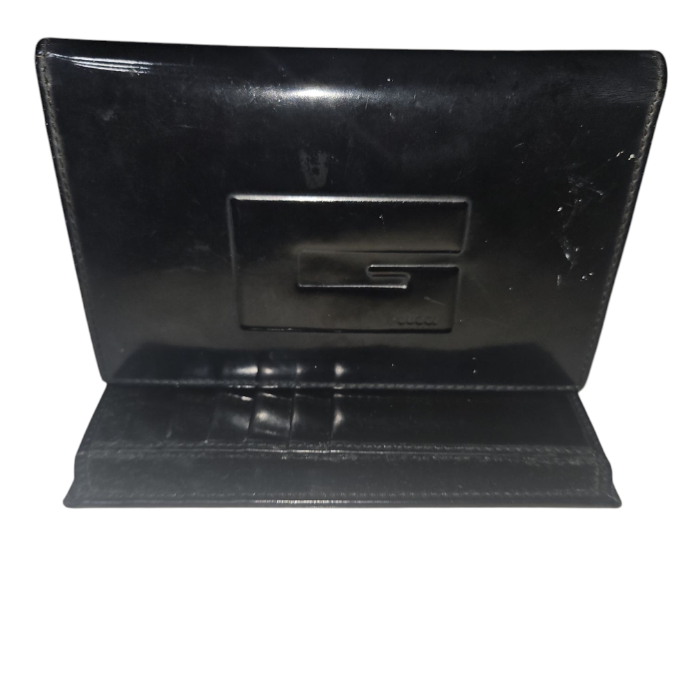 Black Patent Leather Wallet with Embossed Gucci "G" Logo